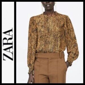 Zara Mocha Pleated Snakeskin Print Blouse
